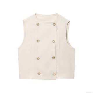 Women's Casual Linen Blend Style Two Piece Set Double Breasted Sleeveless Vest Waistcoat and High Waist Pleated Shorts with Gold Buttons Solid Color Summer Outfits