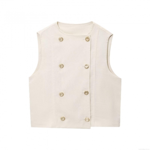 Women's Casual Linen Blend Style Two Piece Set Double Breasted Sleeveless Vest Waistcoat and High Waist Pleated Shorts with Gold Buttons Solid Color Summer Outfits