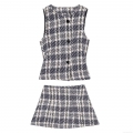 Women Tweed Co-ord Set Plaid Sleeveless Button Vest And A-Line Skort Two Piece Outfits Cotton Polyester Blend Metallic Thread Streetwear