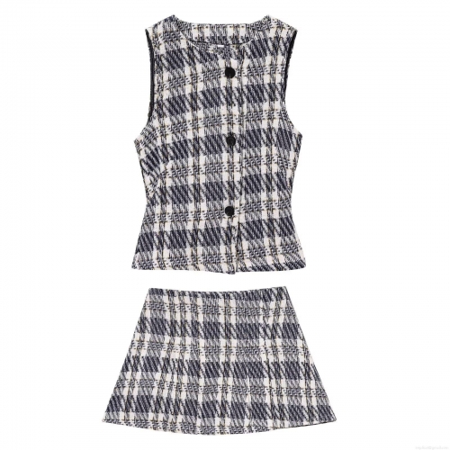 Women Tweed Co-ord Set Plaid Sleeveless Button Vest And A-Line Skort Two Piece Outfits Cotton Polyester Blend Metallic Thread Streetwear