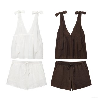 Women's Cotton Linen Shorts Set Bow Tie Strap Camisole V Neck Top And Drawstring Smocked Waist Shorts Two Piece Summer Vacation Casual Outfit