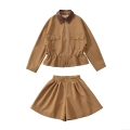 Women's Streetwear Khaki Casual Two Piece Set Polyester PU Leather Patchwork Zipper Jacket With Drawstring Waist And Pleated Wide Leg Shorts Fashion Outerwear