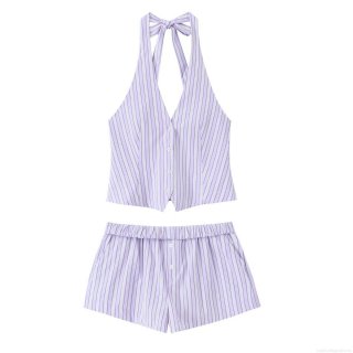 Women's Two-Piece Striped Set Polyester Cotton Blend Halter Neck Backless Button Vest And Elastic Waist Mini Shorts Summer Casual Streetwear Vacation Outfit