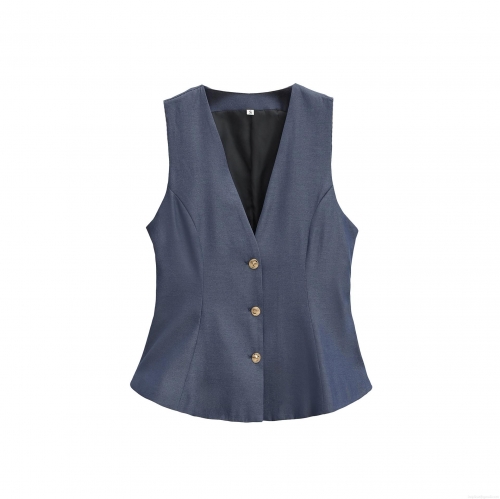 Women's 2 Piece Shorts Set Sleeveless V Neck Vest Waistcoat And High Waist Gold Button Shorts Navy Blue Streetwear Outfit Suit