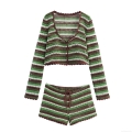 Women Striped Crochet Knit 2 Piece Outfits Long Sleeve Crop Top Cardigan and Drawstring Scalloped Shorts Set Bohemian Beach Vacation Wear