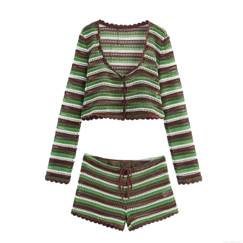Women Striped Crochet Knit 2 Piece Outfits Long Sleeve Crop Top Cardigan and Drawstring Scalloped Shorts Set Bohemian Beach Vacation Wear