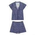Women's Striped Linen Blend Polyester Two Piece Set V-Neck Short Sleeve Top and High Waist Shorts with Gold Buttons Casual Summer Vacation Beachwear Outfit