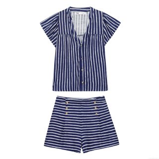 Women's Striped Linen Blend Polyester Two Piece Set V-Neck Short Sleeve Top and High Waist Shorts with Gold Buttons Casual Summer Vacation Beachwear Outfit