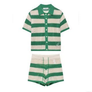 Women's Stripe Knitted Two Piece Set Crochet Hollow Out Short Sleeve Polo Top And Drawstring Shorts Casual Summer Streetwear Outfit