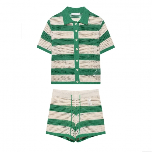 Women's Stripe Knitted Two Piece Set Crochet Hollow Out Short Sleeve Polo Top And Drawstring Shorts Casual Summer Streetwear Outfit