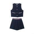 Women's Elegant Dark Blue 2 Piece Vest and Shorts Set Sleeveless Waistcoat With Gold Buttons Braided Trim Shorts Suit For Summer Office Streetwear