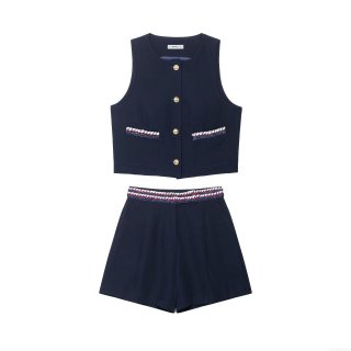 Women's Elegant Dark Blue 2 Piece Vest and Shorts Set Sleeveless Waistcoat With Gold Buttons Braided Trim Shorts Suit For Summer Office Streetwear