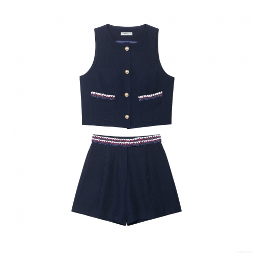 Women's Elegant Dark Blue 2 Piece Vest and Shorts Set Sleeveless Waistcoat With Gold Buttons Braided Trim Shorts Suit For Summer Office Streetwear