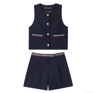 Women's 2 Piece Shorts Set Sleeveless Round Neck Vest And Shorts With Gold Metal Buttons Red White Blue Woven Trim Casual Elegant Streetwear Summer Outfit For Women