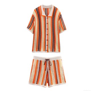 Women's Colorful Stripe Hollow Out Knit Two Piece Set Short Sleeve Button Up Polo Shirt And Elastic Waist Drawstring Shorts Casual Summer Beach Outfits