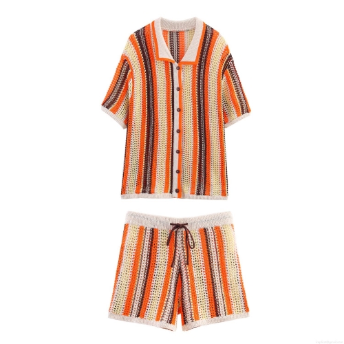 Women's Colorful Stripe Hollow Out Knit Two Piece Set Short Sleeve Button Up Polo Shirt And Elastic Waist Drawstring Shorts Casual Summer Beach Outfits