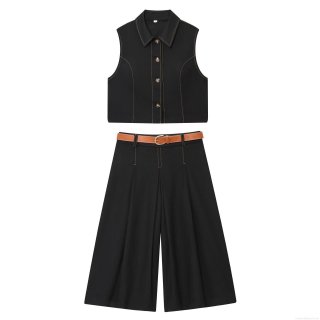 Women's Casual Contrast Stitching Sleeveless Vest Top And High Waist Wide Leg Shorts Two Piece Set With Brown Belt Streetwear Polyester Summer Co-ord Outfit