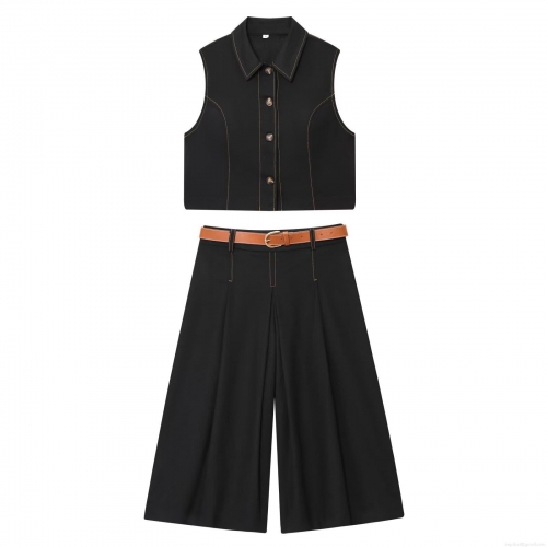 Women's Casual Contrast Stitching Sleeveless Vest Top And High Waist Wide Leg Shorts Two Piece Set With Brown Belt Streetwear Polyester Summer Co-ord Outfit