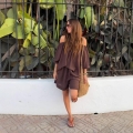 Women's Off-Shoulder Puff Sleeve Top and Drawstring Shorts Two Piece Set Faux Linen Polyester Relaxed Fit Vacation Casual Summer Outfits for Women