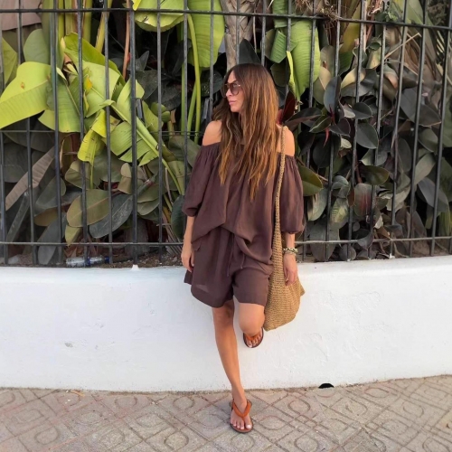 Women's Off-Shoulder Puff Sleeve Top and Drawstring Shorts Two Piece Set Faux Linen Polyester Relaxed Fit Vacation Casual Summer Outfits for Women