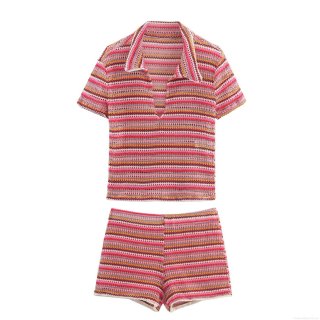 Women's Striped Crochet Knit Shorts Set Hollow Out Short Sleeve Polo Top And Elastic Waist Mini Shorts Two-Piece Outfit For Summer Vacation Beach Casual Streetwear