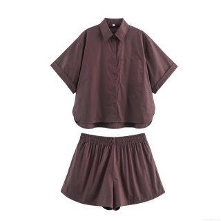 Women's Casual Summer Solid Color Two Piece Set High-Density Imitation Tencel Button Down Short Sleeve Shirt with Pocket and Elastic Waist Wide Leg Shorts Outfits