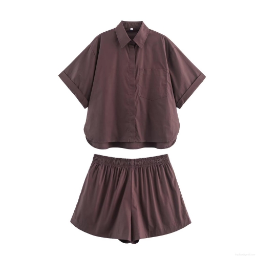 Women's Casual Summer Solid Color Two Piece Set High-Density Imitation Tencel Button Down Short Sleeve Shirt with Pocket and Elastic Waist Wide Leg Shorts Outfits