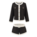 Elegant Women's Tweed Two Piece Shorts Set Contrast Trim Round Neck Short Jacket And High Waist Shorts Suit With Belt Gold Buttons Office Lady Streetwear