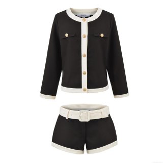 Elegant Women's Tweed Two Piece Shorts Set Contrast Trim Round Neck Short Jacket And High Waist Shorts Suit With Belt Gold Buttons Office Lady Streetwear