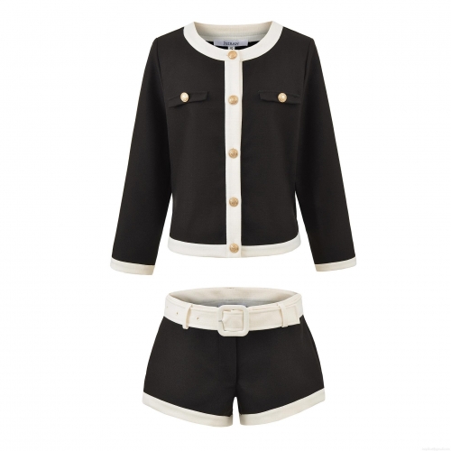 Elegant Women's Tweed Two Piece Shorts Set Contrast Trim Round Neck Short Jacket And High Waist Shorts Suit With Belt Gold Buttons Office Lady Streetwear