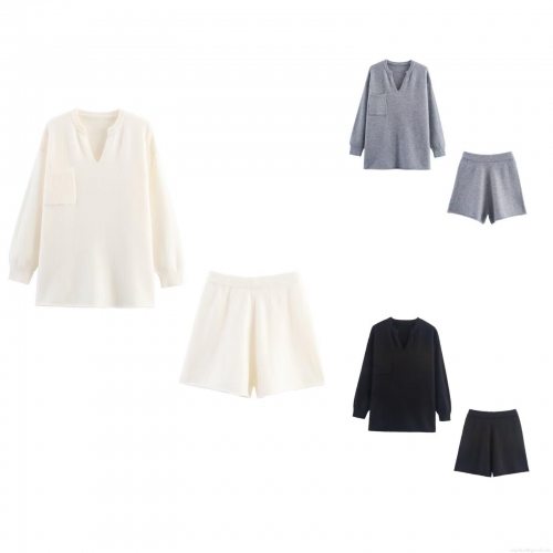 Women's Casual V-Neck Long Sleeve Knitted 2 Piece Set Loose Pullover Top and Elastic Waist Shorts Lounge Set Solid Color Soft Polyester Homewear