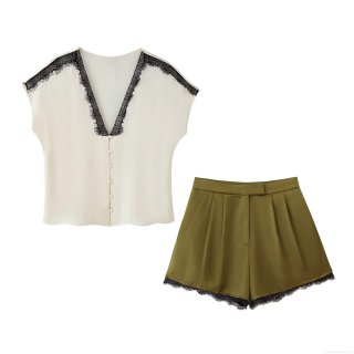 Women's Satin Two Piece Set Lace Trim V Neck Short Sleeve Button Down Shirt and High Waisted Pleated Shorts Set Olive Green Cream White Sexy Streetwear Outfits