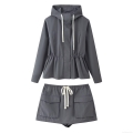 Women's 2 Piece Casual Cargo Shorts Set Hooded Windbreaker Jacket and High Waist Shorts Solid Color Streetwear Tracksuit Outfits
