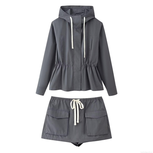 Women's 2 Piece Casual Cargo Shorts Set Hooded Windbreaker Jacket and High Waist Shorts Solid Color Streetwear Tracksuit Outfits