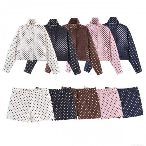 Women Fashion Polka Dot Print Two Piece Set Long Sleeve Stand Collar Cropped Jacket With Drawstring Hem And High Waist Shorts 100% Polyester Casual Streetwear Outfits