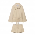 Women's Casual Khaki Trench Coat and High Waist Pleated Shorts Set Two-Piece Solid Color Belted Short Windbreaker with Buttons Modern Streetwear Outfit for Ladies