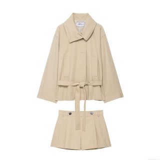 Women's Casual Khaki Trench Coat and High Waist Pleated Shorts Set Two-Piece Solid Color Belted Short Windbreaker with Buttons Modern Streetwear Outfit for Ladies