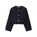 Women's Fashion Navy Blue Golden Button Cropped Blazer Jacket And Belted High Waist Shorts Two-Piece Set Polyester London Twill Streetwear Outfit