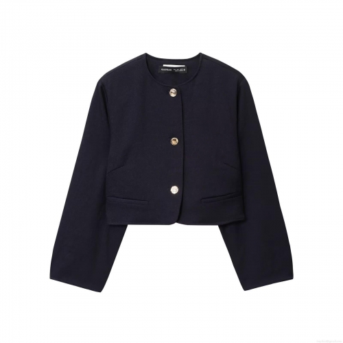 Women's Fashion Navy Blue Golden Button Cropped Blazer Jacket And Belted High Waist Shorts Two-Piece Set Polyester London Twill Streetwear Outfit