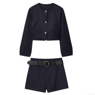 Women's 2 Piece Elegant Shorts Set Cropped Blazer Jacket and High Waisted Shorts with Belt Gold Buttons Solid Color Polyester Suit for Office Streetwear