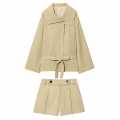 Women's 2-Piece Outfit Set Casual Khaki Short Trench Coat Jacket With Belt And High Waist Button Pleated Shorts Suit For Autumn Streetwear Fashion
