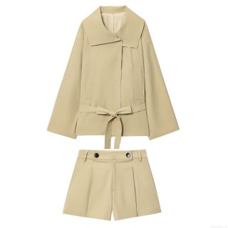 Women's 2-Piece Outfit Set Casual Khaki Short Trench Coat Jacket With Belt And High Waist Button Pleated Shorts Suit For Autumn Streetwear Fashion