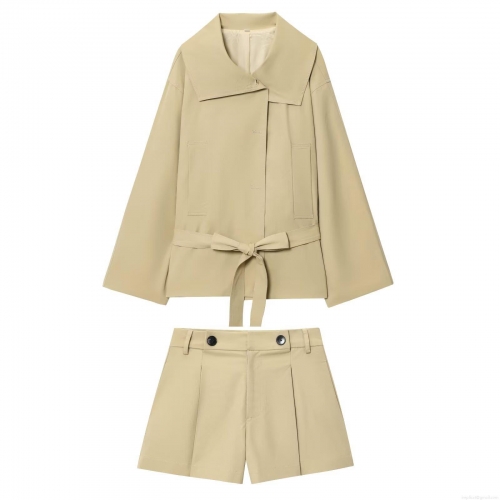 Women's 2-Piece Outfit Set Casual Khaki Short Trench Coat Jacket With Belt And High Waist Button Pleated Shorts Suit For Autumn Streetwear Fashion