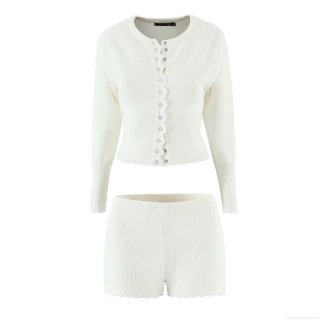 Women's Scalloped Edge Knitted Two Piece Set Long Sleeve Cardigan And Shorts Solid Color Bodycon Casual Outfit Early Autumn Streetwear