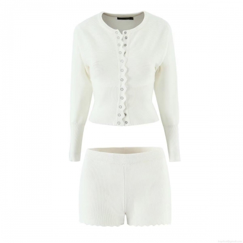 Women's Scalloped Edge Knitted Two Piece Set Long Sleeve Cardigan And Shorts Solid Color Bodycon Casual Outfit Early Autumn Streetwear
