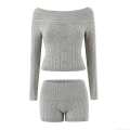 Women's Cable Knit 2 Piece Set Off Shoulder Button Long Sleeve Sweater And High Waist Shorts Knitted Polyester Blend Lounge Outfit For Casual Party Streetwear