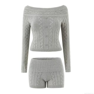 Women's Cable Knit 2 Piece Set Off Shoulder Button Long Sleeve Sweater And High Waist Shorts Knitted Polyester Blend Lounge Outfit For Casual Party Streetwear