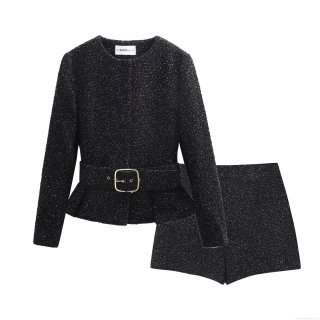 Women's 2 Piece Tweed Set Elegant Round Neck Belted Peplum Jacket and A-Line Shorts Fashion Casual Streetwear Outfits For Women