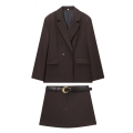 Women Dark Brown Double Breasted Blazer And Matching Skort With Belt Set Professional Office Business Suits Long Sleeve Padded Shoulder Blazer Casual Streetwear Outfit