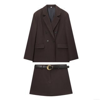Women Dark Brown Double Breasted Blazer And Matching Skort With Belt Set Professional Office Business Suits Long Sleeve Padded Shoulder Blazer Casual Streetwear Outfit